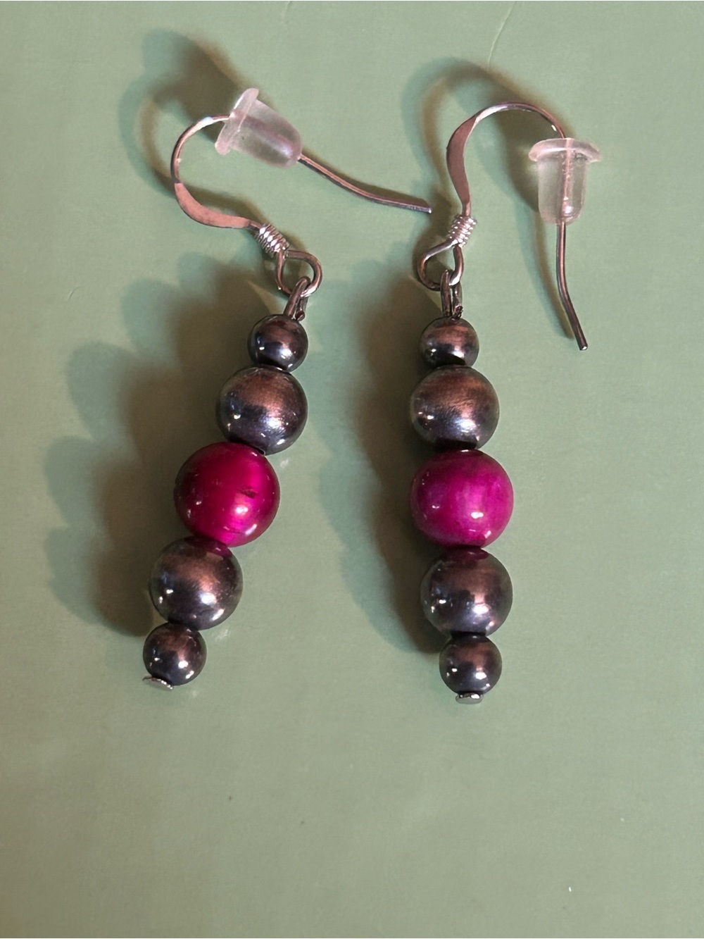 Sterling Silver and Fuchsia Beaded Drop Earrings - Women Jewelry
